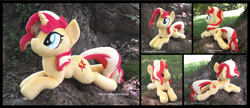 Size: 4057x1754 | Tagged: safe, artist:peruserofpieces, imported from derpibooru, sunset shimmer, pony, unicorn, beanie (plushie), female, happy, horn, irl, lying down, mare, photo, plushie, prone, smiling, solo, sploot, tree