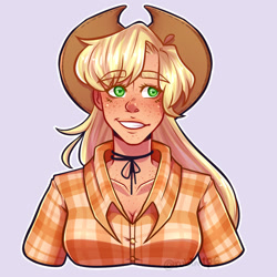 Size: 1889x1889 | Tagged: safe, artist:rubimlp6, imported from derpibooru, applejack, human, alternate hairstyle, applejack's hat, blushing, breasts, cowboy hat, female, flannel, freckles, gray background, grin, hat, humanized, simple background, smiling, solo