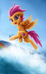 Size: 1600x2560 | Tagged: safe, artist:raphaeldavid, imported from derpibooru, scootaloo, pegasus, pony, bipedal, chest fluff, female, filly, looking at you, looking back, looking back at you, mare, solo, surfboard, surfing