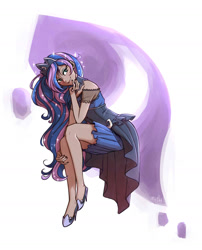 Size: 1320x1632 | Tagged: source needed, safe, artist:ilacavgbmjc, imported from derpibooru, kotobukiya, princess luna, human, equestria girls, bare shoulders, clothes, crossed legs, dark skin, dress, female, high heels, humanized, kotobukiya princess luna, legs, looking at you, miniskirt, shoes, shoulderless, skirt, sleeveless, sleveless, solo, stiletto heels