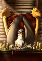 Size: 2014x2934 | Tagged: safe, artist:jamescorck, imported from derpibooru, oc, oc:grimm tales, griffon, bits, bobblehead, book, bookmark, chair, grunkle stan, looking at you, money bag, red eyes