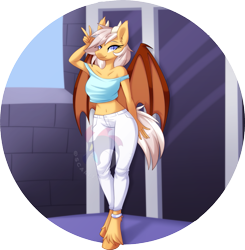 Size: 1061x1084 | Tagged: safe, artist:scarlet-spectrum, imported from derpibooru, oc, oc only, oc:silver veil, anthro, bat pony, unguligrade anthro, ankle bracelet, anklet, bat pony oc, bat wings, belly button, clothes, horns, midriff, short shirt, solo, watermark, wings