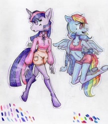 Size: 792x914 | Tagged: safe, artist:scribleydoodles, imported from derpibooru, rainbow dash, twilight sparkle, alicorn, anthro, unguligrade anthro, belly button, breasts, cleavage, clothes, duo, flying, hoodie, open mouth, shorts, simple background, sports bra, sports shorts, traditional art, twilight sparkle (alicorn), white background