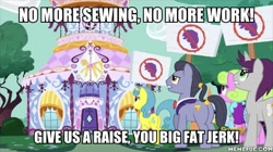 Size: 600x337 | Tagged: safe, edit, edited screencap, imported from derpibooru, screencap, diamond cutter, lavender bloom, lemon hearts, linky, rarity, shoeshine, written script, earth pony, pony, unicorn, fame and misfortune, angry, butt, caption, female, futurama, image macro, male, mare, picket sign, plot, stallion, text