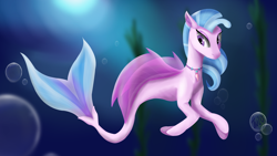 Size: 3840x2160 | Tagged: safe, artist:tenebrisnoctus, imported from derpibooru, silverstream, seapony (g4), blue mane, colored pupils, crepuscular rays, doodle, female, fin wings, fins, fish tail, flowing mane, high res, jewelry, necklace, ocean, purple eyes, solo, sunlight, swimming, tail, underwater, water, wings