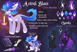 Size: 2991x2000 | Tagged: safe, artist:astralblues, imported from derpibooru, oc, oc:astral blues, cat, original species, pony, unicorn, book, bowtie, candle, chest fluff, coat markings, dagger, ear fluff, facial markings, hoof fluff, leg fluff, magic, magic aura, pale belly, puppet, reference, reference sheet, solo, star (coat marking), tentacles, weapon, white belly