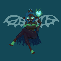 Size: 1024x1024 | Tagged: safe, artist:scribleydoodles, imported from derpibooru, queen chrysalis, human, barefoot, blue background, breasts, clothes, crown, dark skin, dress, eared humanization, evening gloves, eyeshadow, fangs, feet, female, fingerless gloves, gloves, heart, humanized, jewelry, leggings, lipstick, long gloves, magic, makeup, open mouth, regalia, shorts, simple background, skirt, solo, torn clothes, winged humanization, wings