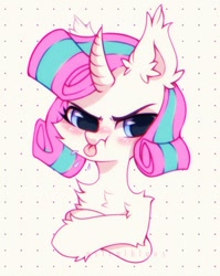 Size: 1006x1266 | Tagged: safe, artist:astralblues, imported from derpibooru, oc, oc only, pony, unicorn, angry, blushing, chest fluff, cute, ear fluff, female, filly, hoof fluff, not flurry heart, shy, solo, tongue out