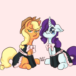 Size: 1024x1024 | Tagged: safe, artist:scribleydoodles, imported from derpibooru, applejack, rarity, earth pony, pony, unicorn, alternate hairstyle, applejack is not amused, applejack's hat, belt, bowtie, clothes, cowboy hat, crying, dress, duo, eye shimmer, female, floppy ears, gloves, hat, maid, mare, pink background, rarity is not amused, simple background, sitting, skirt, socks, teary eyes, unamused