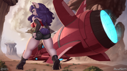 Size: 1920x1080 | Tagged: safe, artist:discordthege, imported from derpibooru, rarity, anthro, pony, unicorn, alternate hairstyle, arm warmers, ass, bandeau, butt, clothes, desert, grin, headset, hoverbike, looking back, plot, rearity, scenery, shorts, smiling, tail bun