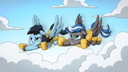 Size: 2560x1440 | Tagged: safe, artist:mysticalpha, imported from derpibooru, oc, oc only, oc:cloud zapper, oc:star blaze, pegasus, armor, cloud, flying, male, pegasus oc, royal guard, royal guard armor, royal guard oc, stallion, wings