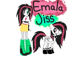 Size: 1280x1024 | Tagged: safe, artist:emalajiss36, imported from derpibooru, oc, oc only, oc:emala jiss, pegasus, pony, equestria girls, boots, choker, clothes, coat markings, crossed arms, duo, ear piercing, earring, eyelashes, female, fingerless gloves, gloves, heterochromia, jewelry, mare, pegasus oc, piercing, self ponidox, shoes, skirt, smiling, socks (coat marking), socks (coat markings), spiked choker, wings