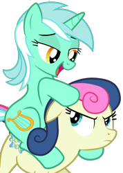 Size: 1366x1920 | Tagged: safe, imported from derpibooru, bon bon, lyra heartstrings, sweetie drops, earth pony, pony, unicorn, amused, bon bon is not amused, duo, duo female, female, lesbian, lyra is amused, lyra riding bon bon, lyrabon, open mouth, ponies riding ponies, ride, riding, shipping, simple background, that pony sure does love humans, transparent background, unamused, vector