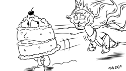Size: 1200x675 | Tagged: safe, artist:pony-berserker, imported from derpibooru, princess celestia, alicorn, pony, cake, cake monster, cakelestia, chase, female, food, hilarious in hindsight, hungry, mare, pony-berserker's twitter sketches, running, running away, salivating, silly face, tongue out