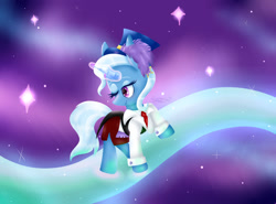 Size: 1024x758 | Tagged: safe, artist:midnightauroraarts, imported from derpibooru, trixie, pony, unicorn, clothes, female, glowing horn, hat, horn, looking back, mare, necktie, one eye closed, raised hoof, solo, stars, suit, trixie's hat