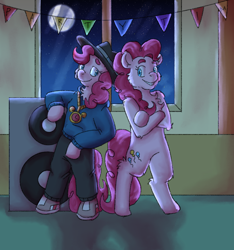 Size: 3000x3200 | Tagged: safe, artist:applejackofalltrades, imported from derpibooru, pinkie pie, earth pony, pony, bipedal, clothes, duality, hoodie, night, rapper pie, self ponidox, shoes, speaker, speakers, standing, standing up