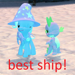 Size: 536x536 | Tagged: safe, artist:rygoespop, edit, imported from derpibooru, spike, trixie, dragon, pony, 3d, best ship, caption, cropped, female, male, mare, one eye closed, shipping, source filmmaker, spixie, straight, text