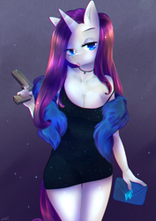 Size: 2480x3508 | Tagged: safe, artist:klaudy, imported from derpibooru, rarity, anthro, black dress, breasts, choker, chromatic aberration, cleavage, clothes, commission, cute, dress, feather boa, fluffy boa, furry, gun, handgun, high res, pistol, purse, seductive, seductive look, sexy, solo, weapon, ych result, your character here