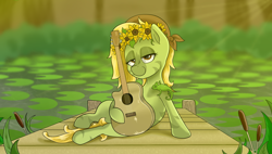 Size: 1916x1085 | Tagged: safe, artist:waffletheheadmare, imported from derpibooru, oc, oc only, oc:sunflower, chameleon, earth pony, bedroom eyes, blonde, blonde hair, blonde mane, bridge, flower, forest, green coat, guitar, lake, lilypad, musical instrument, nature, not fluttershy, not treehugger, plants, stripes, sunflower, tree, water, water lily, waterlily