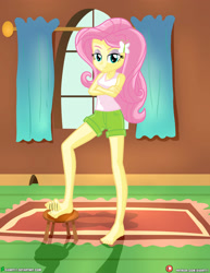Size: 3090x4000 | Tagged: safe, artist:dieart77, imported from derpibooru, fluttershy, equestria girls, barefoot, bedroom eyes, breasts, busty fluttershy, cleavage, commission, crossed arms, feet, foot tapping, lidded eyes, looking at you, solo, stool, tapping