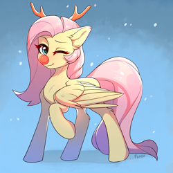 Size: 2048x2048 | Tagged: source needed, safe, artist:fensu-san, imported from derpibooru, fluttershy, pegasus, pony, antlers, blushing, christmas, colored pupils, cute, daaaaaaaaaaaw, ear fluff, female, high res, holiday, looking at you, mare, one eye closed, raised hoof, red nose, reindeer antlers, shyabetes, smiling, snow, solo, spread wings, wings, wink