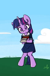 Size: 730x1114 | Tagged: safe, artist:spheedc, imported from derpibooru, twilight sparkle, semi-anthro, unicorn, bipedal, book, clothes, cloud, digital art, female, grass, mare, paper, sky, solo