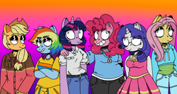 Size: 1500x800 | Tagged: safe, artist:maximumgraves, imported from derpibooru, applejack, fluttershy, pinkie pie, rainbow dash, rarity, twilight sparkle, anthro, earth pony, unicorn, choker, clothes, dress, ear piercing, eyeshadow, fat, glasses, hoodie, jeans, lidded eyes, lock, makeup, mane six, pants, piercing, shirt, skirt, smiling