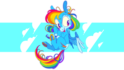 Size: 3125x1758 | Tagged: safe, artist:batshaped, imported from derpibooru, rainbow dash, pony, backwards cutie mark, cute, dashabetes, flying, smiling, solo, spread wings, underhoof, wings