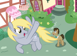 Size: 5579x4067 | Tagged: safe, artist:mr100dragon100, imported from derpibooru, derpy hooves, doctor whooves, time turner, earth pony, pegasus, female, flying, houses, male, ponyville, street, tree