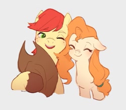 Size: 973x847 | Tagged: safe, artist:luciferamon, imported from derpibooru, bright mac, pear butter, earth pony, pony, blushing, brightbutter, clothes, cowboy hat, cute, daaaaaaaaaaaw, eyes closed, female, freckles, hat, male, mare, one eye closed, pearabetes, scarf, shipping, simple background, stallion, stetson, straight