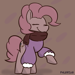 Size: 2000x2000 | Tagged: safe, artist:phlerius, imported from derpibooru, pinkie pie, earth pony, pony, clothes, cute, diapinkes, digital art, eyes closed, female, mare, my little pony, scarf, solo, sweater