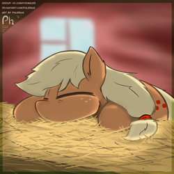 Size: 3000x3000 | Tagged: safe, artist:phlerius, imported from derpibooru, applejack, earth pony, pony, cute, digital art, hay, jackabetes, sleeping, solo