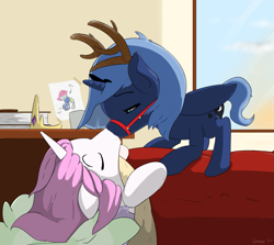 Size: 1211x1080 | Tagged: safe, artist:soccy, imported from derpibooru, princess celestia, princess luna, alicorn, pony, animal costume, blanket, book, costume, cute, doodle, drawing, duo, female, filly, incest, kiss on the lips, kissing, lesbian, morning, morning ponies, pink-mane celestia, princest, reindeer costume, shipping, sleeping, window, woona, younger