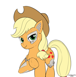 Size: 2903x2920 | Tagged: safe, artist:canterlotex, imported from derpibooru, applejack, cyborg, earth pony, pony, amputee, applejack's hat, commission, cowboy hat, female, freckles, hat, mare, prosthetic leg, prosthetic limb, prosthetics, raised hoof, simple background, solo, white background, ych result