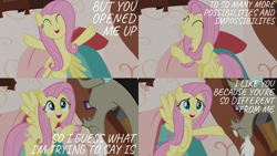 Size: 2000x1125 | Tagged: safe, edit, edited screencap, editor:quoterific, imported from derpibooru, screencap, discord, fluttershy, draconequus, pegasus, pony, discordant harmony, caption, comic, duo, eyes closed, female, flying, hooves in air, male, open mouth, screencap comic, text