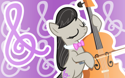 Size: 1600x1000 | Tagged: safe, artist:amgiwolf, imported from derpibooru, octavia melody, earth pony, pony, bipedal, bow (instrument), bowtie, cello, eyelashes, eyes closed, female, mare, musical instrument, solo, treble clef