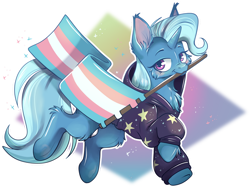 Size: 1024x769 | Tagged: safe, artist:cutepencilcase, imported from derpibooru, trixie, pony, unicorn, cheek fluff, chest fluff, clothes, ear fluff, female, flag, hoodie, looking at you, mouth hold, pride, pride flag, trans female, trans trixie, transgender, transgender pride flag