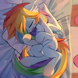 Size: 2048x2048 | Tagged: safe, artist:amo, imported from derpibooru, rainbow dash, pegasus, pony, bed, cute, daaaaaaaaaaaw, dashabetes, ear fluff, eyes closed, female, high res, lying down, mare, on bed, on side, open mouth, pillow, side, sleeping, solo