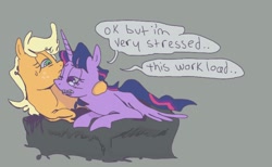 Size: 1405x868 | Tagged: safe, artist:cheesebawel, imported from derpibooru, applejack, twilight sparkle, alicorn, earth pony, pony, comic, couple, crying, female, hatless, lesbian, missing accessory, one eye closed, shipping, twijack, twilight sparkle (alicorn), wlw