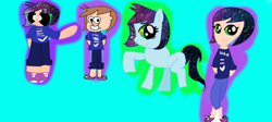 Size: 2820x1264 | Tagged: safe, artist:iivividz, imported from derpibooru, oc, oc only, earth pony, human, pony, blue background, clothes, earth pony oc, ethereal mane, female, galaxy mane, humanized, pants, raised hoof, simple background