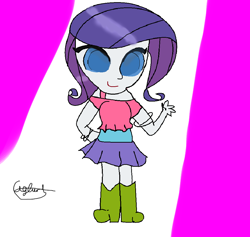 Size: 1048x992 | Tagged: safe, artist:iivividz, imported from derpibooru, rarity, equestria girls, abstract background, boots, breasts, busty rarity, clothes, cute, female, raribetes, shoes, signature, skirt, smiling, solo, waving