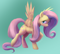 Size: 1280x1169 | Tagged: safe, artist:blaubene, imported from derpibooru, fluttershy, pegasus, pony, female, gradient background, looking at you, mare, raised hoof, raised leg, smiling, solo, spread wings, standing, three quarter view, wings