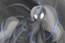 Size: 1500x1000 | Tagged: safe, artist:ahorseofcourse, princess luna, alicorn, pony, female, glowing eyes, horn, looking at you, magic, mare, monochrome, neo noir, partial color, solo, spread wings, wings