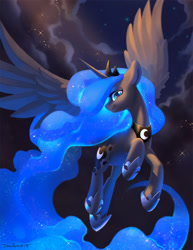 Size: 2400x3106 | Tagged: safe, alternate version, artist:dawnfire, imported from ponybooru, princess luna, alicorn, pony, cloud, ethereal mane, flying, jewelry, night, regalia, sky, solo, starry mane, stars