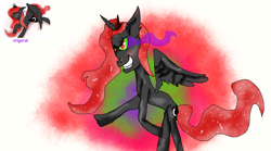 Size: 1560x868 | Tagged: safe, artist:mistresscorruption, artist:moonlitegem, imported from ponybooru, princess luna, alicorn, pony, color change, corrupted, corrupted luna, dark luna, dark magic, designer:neoncel, ethereal mane, evil grin, female, gift art, grin, magic, simple background, smiling, solo, sombra eyes, starry mane, white background