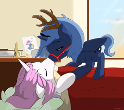 Size: 1211x1080 | Tagged: safe, artist:soccy, imported from derpibooru, princess celestia, princess luna, animal costume, blanket, book, clothes, costume, cute, doodle, female, filly, incest, kissing, lesbian, morning, morning ponies, pink-mane celestia, princest, reindeer costume, shipping, sleeping, window