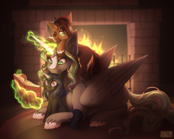 Size: 5000x4000 | Tagged: safe, artist:sparklyon3, imported from derpibooru, oc, alicorn, earth pony, unicorn, book, commission, fireplace, magic