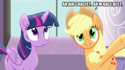 Size: 889x500 | Tagged: safe, edit, edited screencap, imported from derpibooru, screencap, applejack, twilight sparkle, alicorn, earth pony, pony, princess twilight sparkle (episode), duo, not racist, racism, smiling