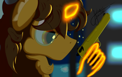 Size: 3600x2280 | Tagged: safe, artist:jimmy draws, imported from derpibooru, oc, oc:jaden forte, unicorn, angry, gun, hand, horn, magic, ponysona, weapon