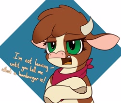 Size: 3200x2710 | Tagged: safe, artist:mrneo, imported from derpibooru, arizona cow, cow, them's fightin' herds, abstract background, arizona (tfh), arizona is not amused, bandana, clothes, cloven hooves, community related, crossed arms, dialogue, female, horns, looking at you, neckerchief, scarf, solo, talking to viewer, this will end in pain, this will not end well, unamused